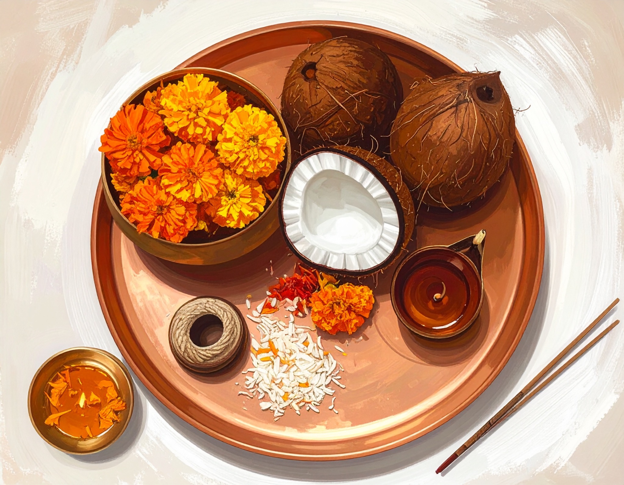 Puja items arranged on a copper plate